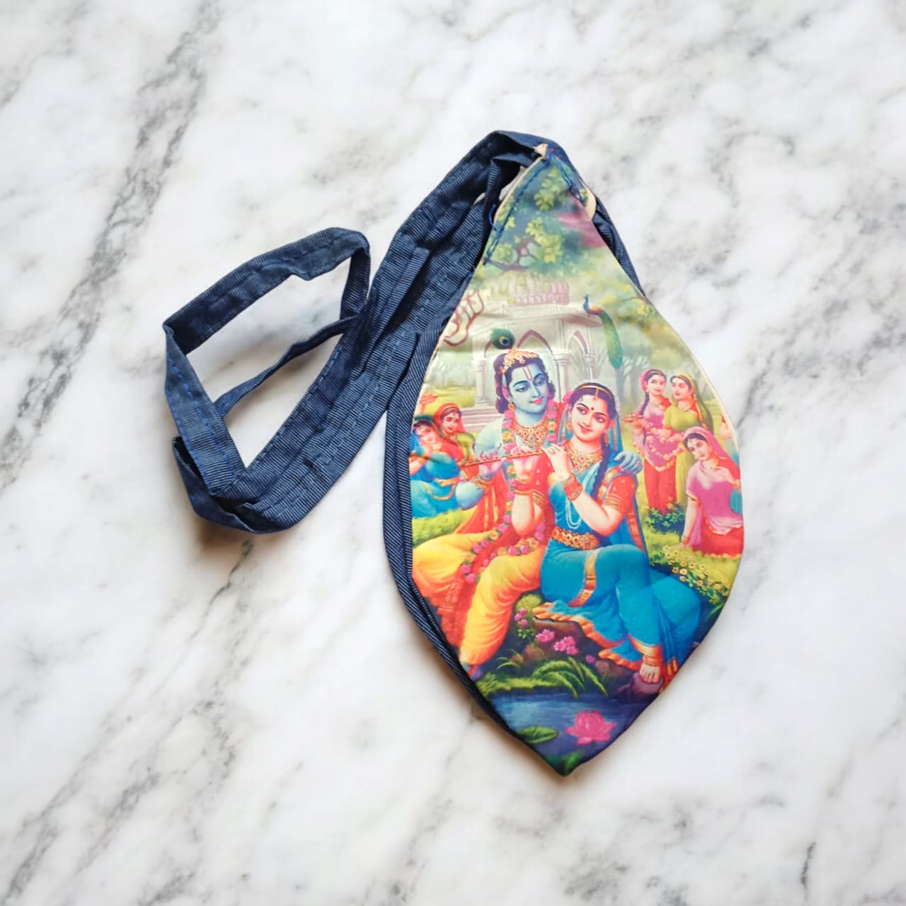 Radha Krishna Cotton Japa Mala Bag with photo-printed Gomukhi design, dimensions 25.4 x 12.7 x 2.5 cm, lightweight and available at Timeshopee.