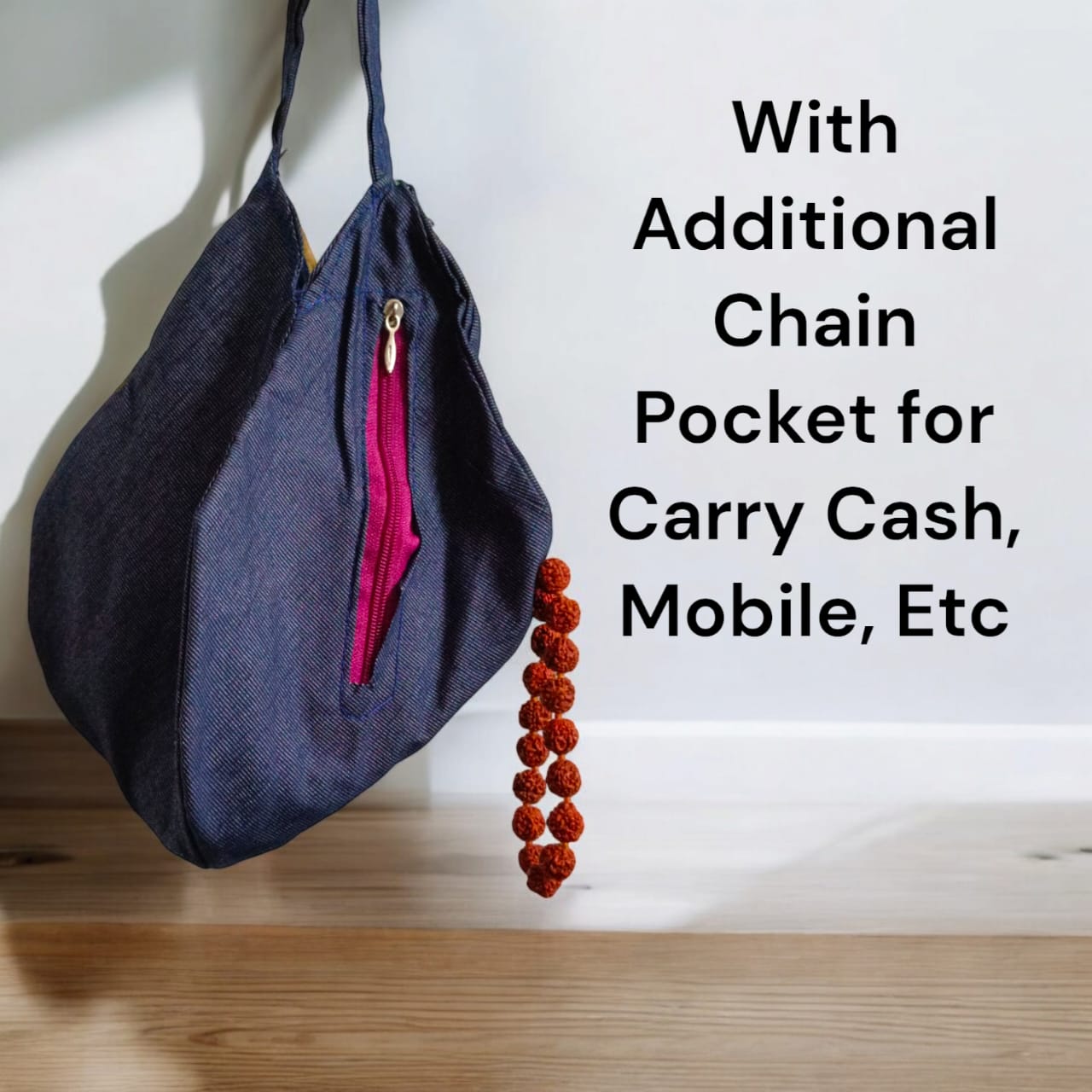 Radha Krishna Cotton Japa Mala Bag with photo-printed Gomukhi design, dimensions 25.4 x 12.7 x 2.5 cm, lightweight and available at Timeshopee.