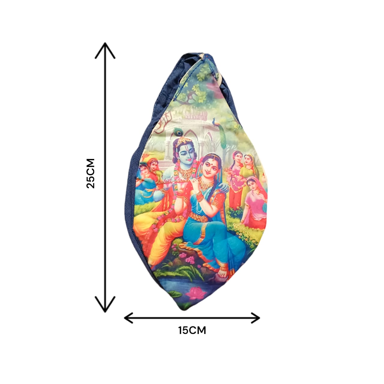 Radha Krishna Cotton Japa Mala Bag with photo-printed Gomukhi design, dimensions 25.4 x 12.7 x 2.5 cm, lightweight and available at Timeshopee.