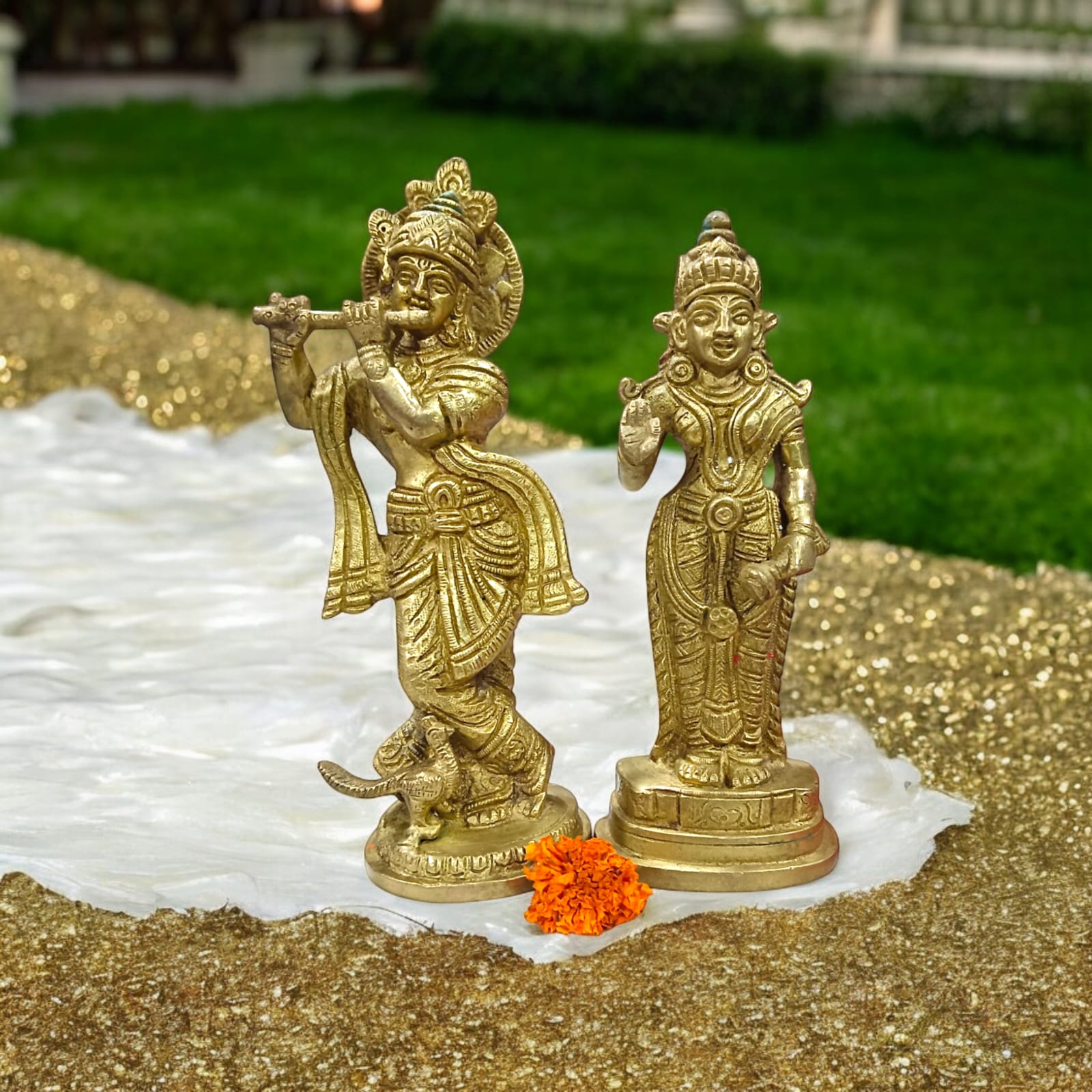Radha Krishna Standing Pose Pure Brass Idol - 19cm Height x 15cm Width, 1900 gm by Timeshopee
