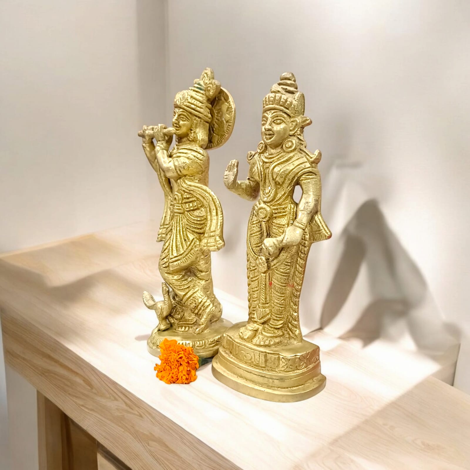 Radha Krishna Standing Pose Pure Brass Idol - 19cm Height x 15cm Width, 1900 gm by Timeshopee