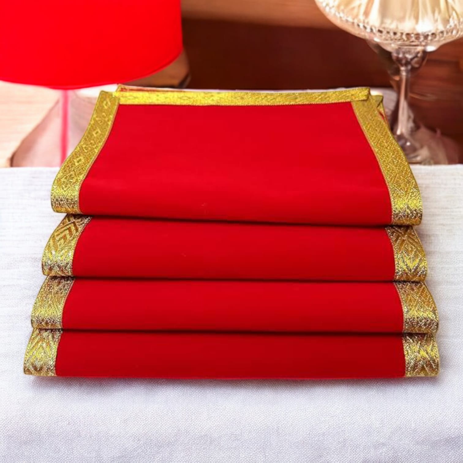 Red Velvet Aasan with Zari Embroidery for Mandir by Timeshopee