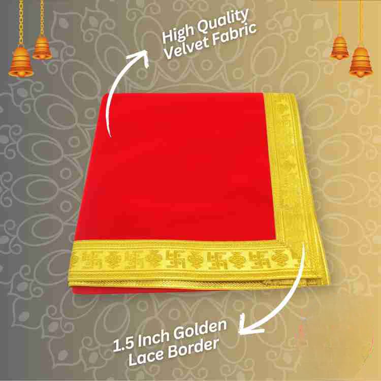 Red Velvet Aasan with Zari Embroidery for Mandir by Timeshopee