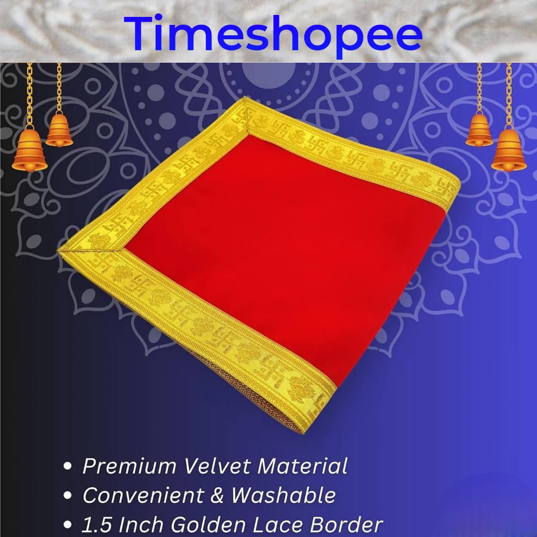 Red Velvet Aasan with Zari Embroidery for Mandir by Timeshopee