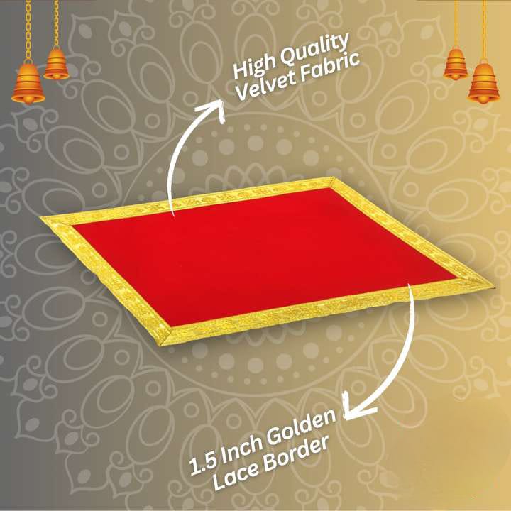 Red Velvet Aasan with Zari Embroidery for Mandir by Timeshopee