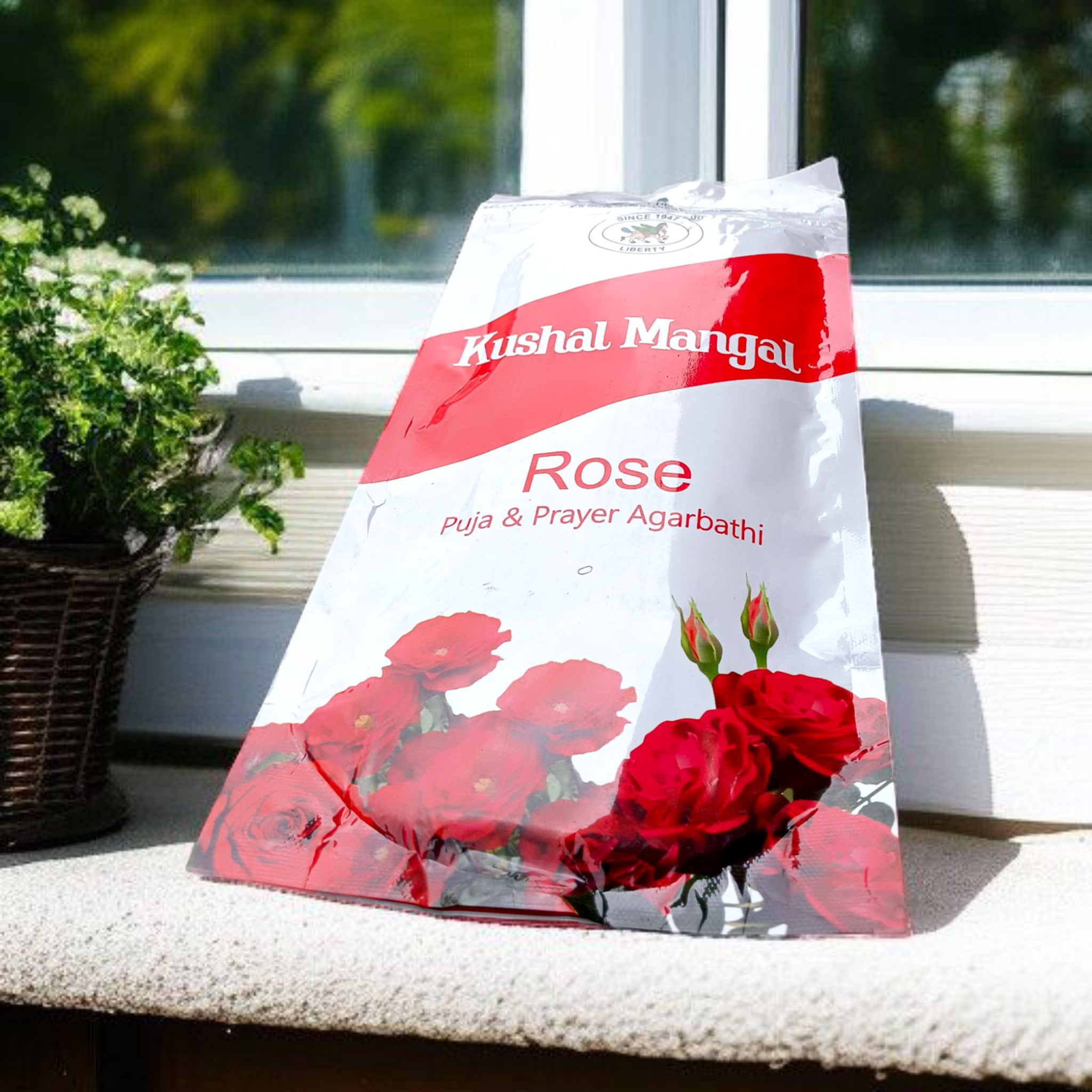 Rose Incense Sticks by Kushal Mangal, 9 inches long, with a 30-40 minute burning time, available in a zipper pouch at Timeshopee.