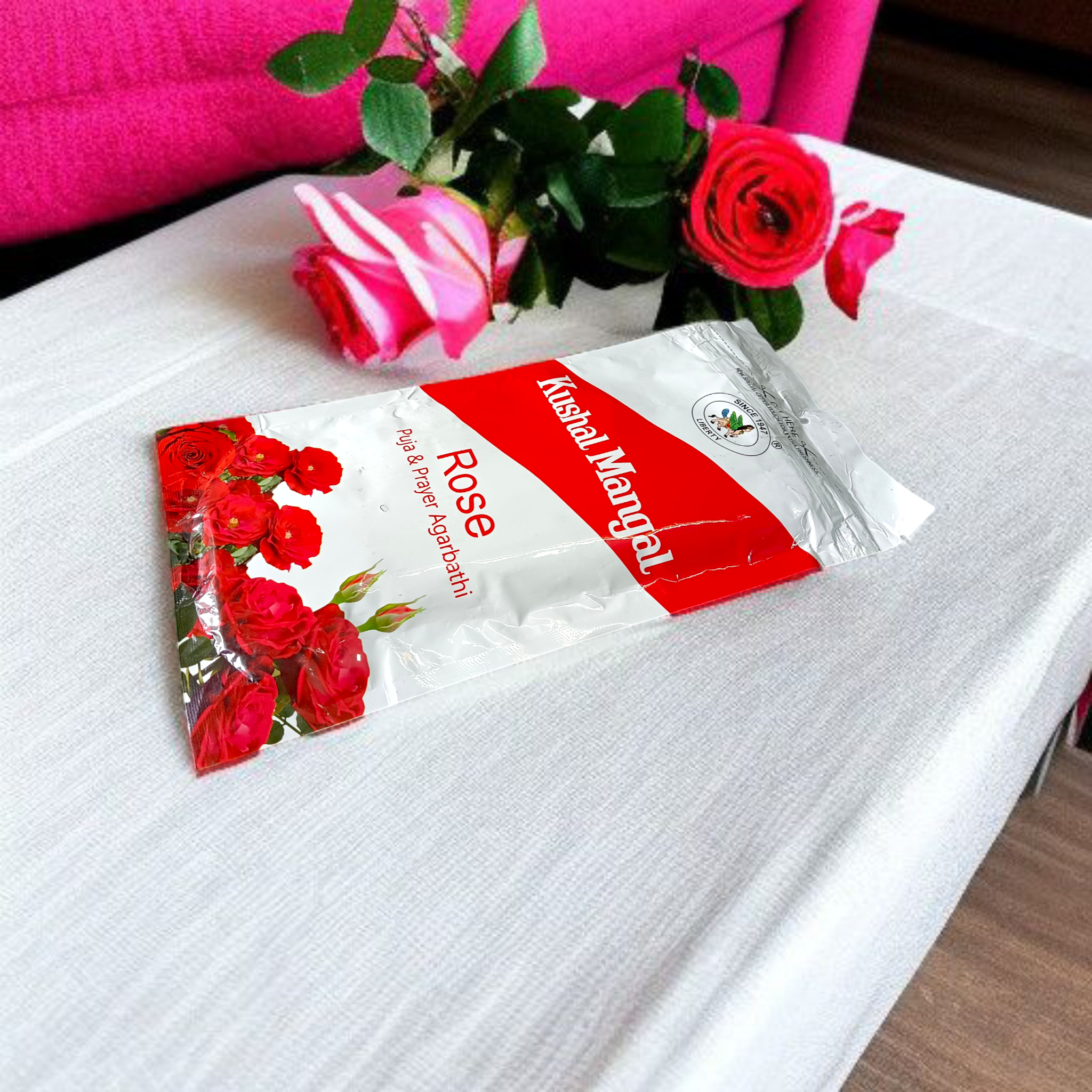 Rose Incense Sticks by Kushal Mangal, 9 inches long, with a 30-40 minute burning time, available in a zipper pouch at Timeshopee.