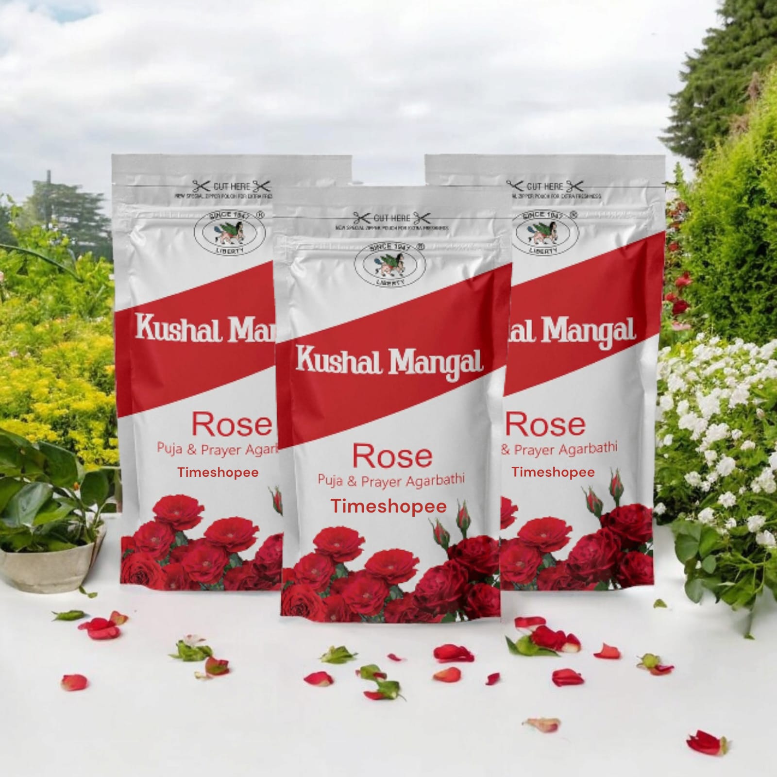 Rose Incense Sticks by Kushal Mangal, 9 inches long, with a 30-40 minute burning time, available in a zipper pouch at Timeshopee.