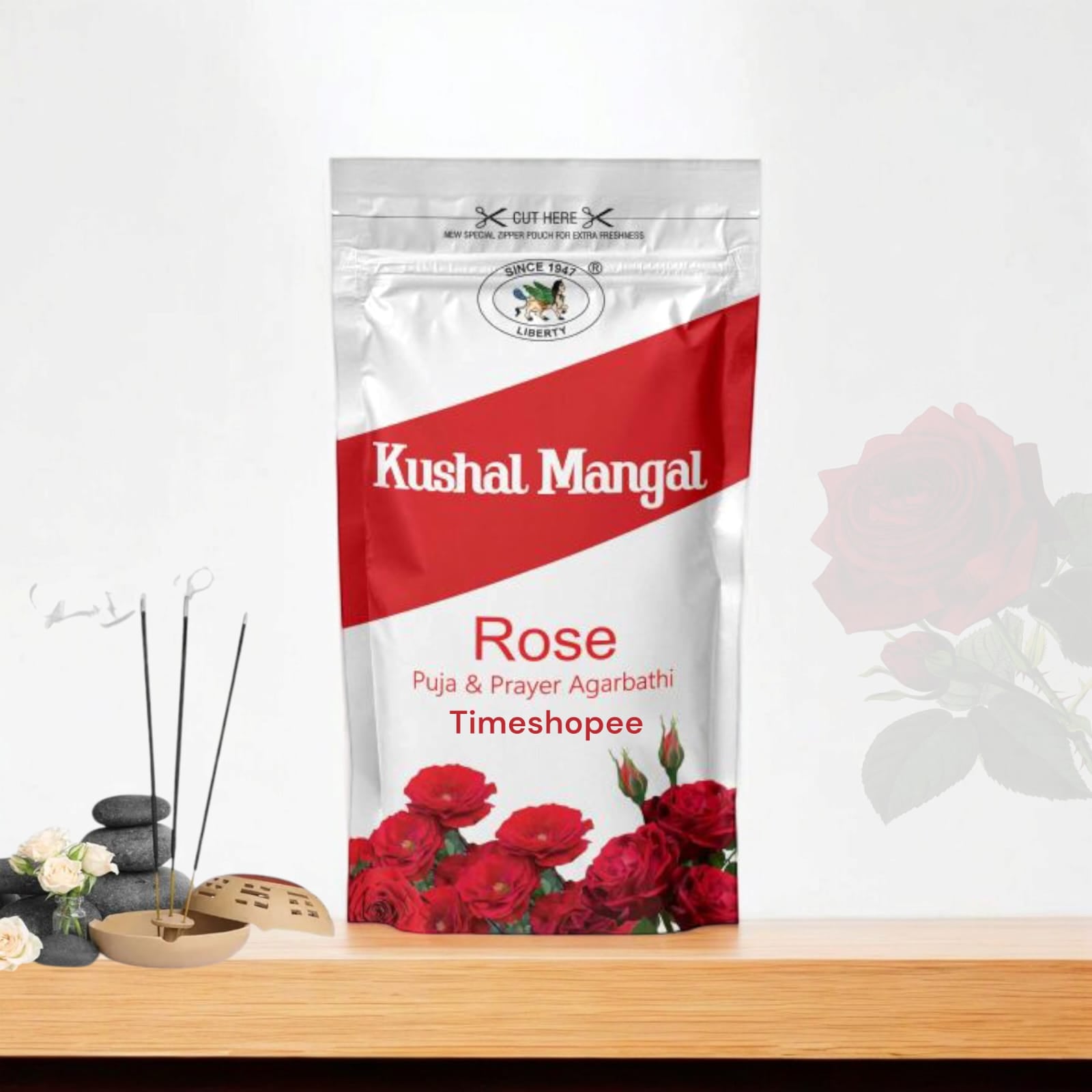 Rose Incense Sticks by Kushal Mangal, 9 inches long, with a 30-40 minute burning time, available in a zipper pouch at Timeshopee.