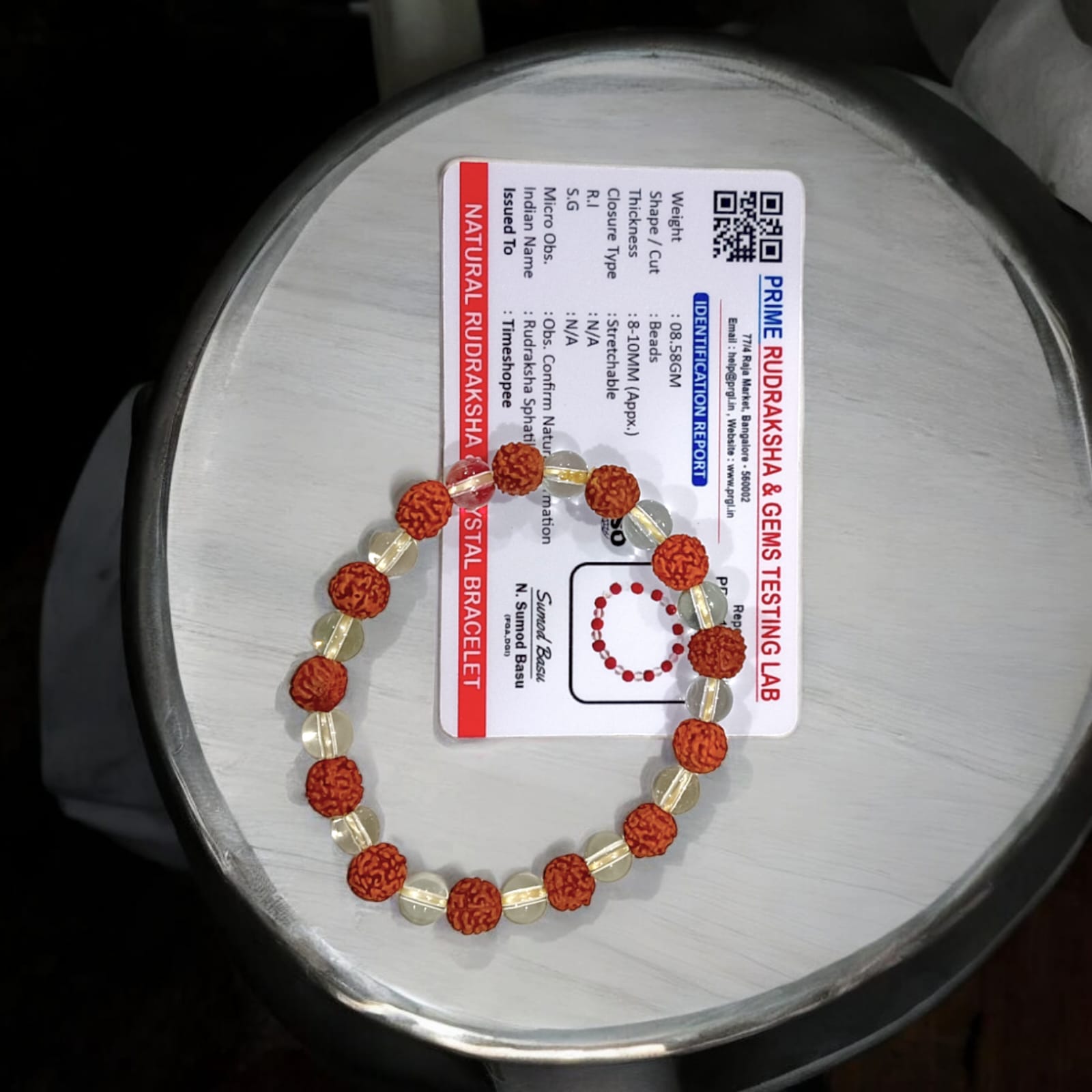 Rudraksh Spathic Bracelet featuring Rudraksha and crystal, lab certified, available at Timeshopee