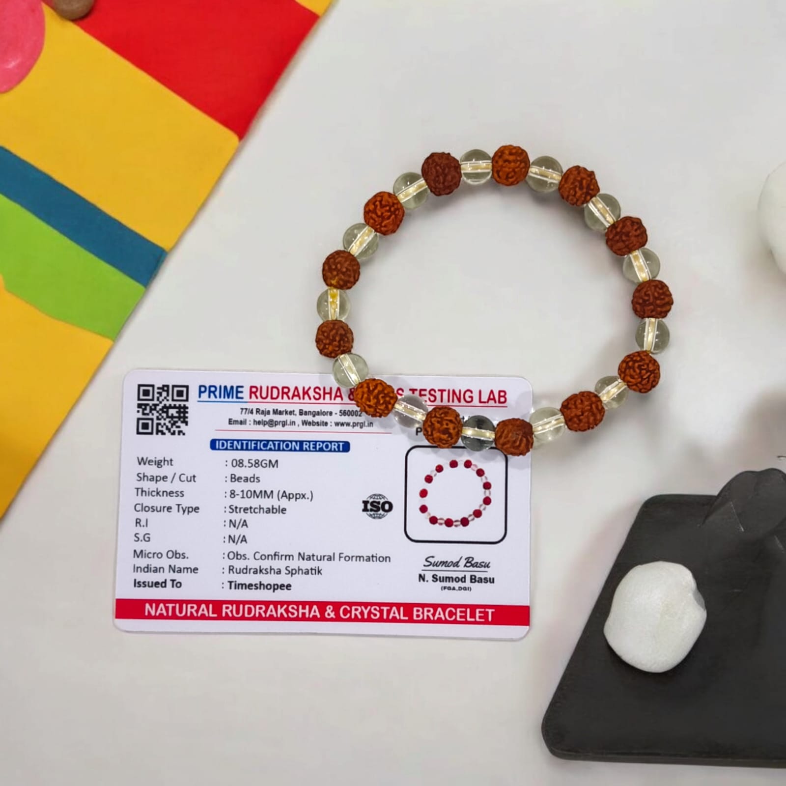 Rudraksh Spathic Bracelet featuring Rudraksha and crystal, lab certified, available at Timeshopee