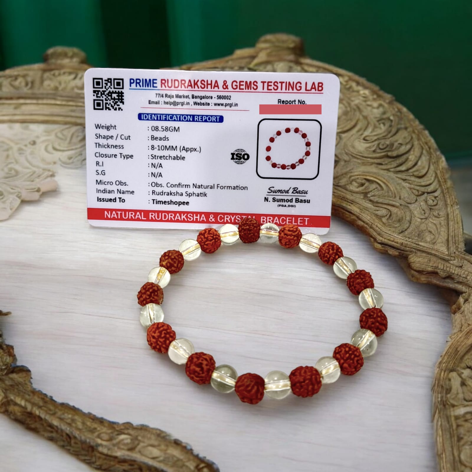 Rudraksh Spathic Bracelet featuring Rudraksha and crystal, lab certified, available at Timeshopee