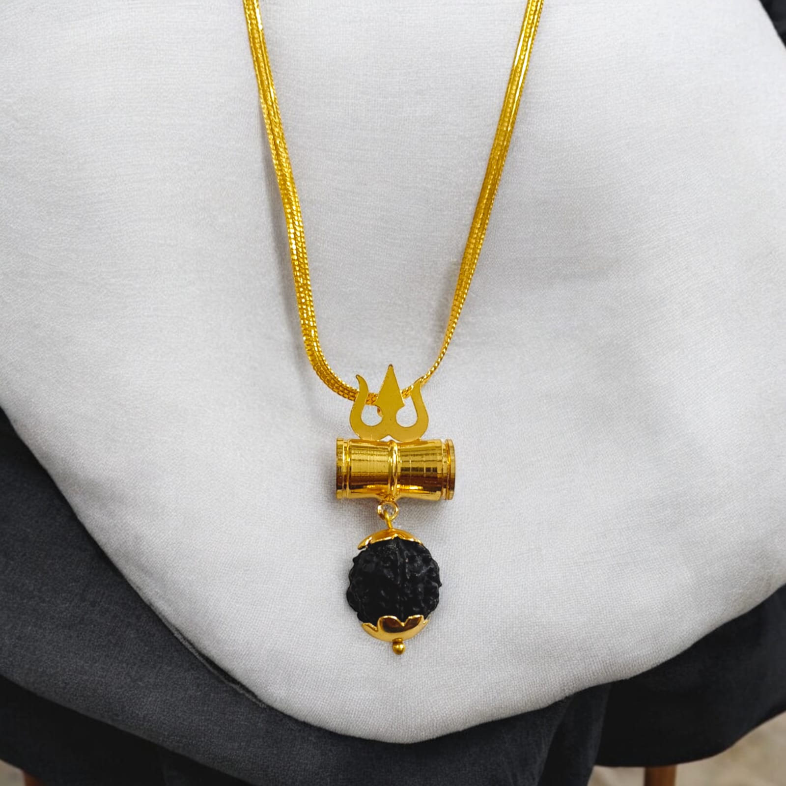 Rudraksha Locket with Brass Damru and Trishul and Free Gold Plated Chain by Timeshopee