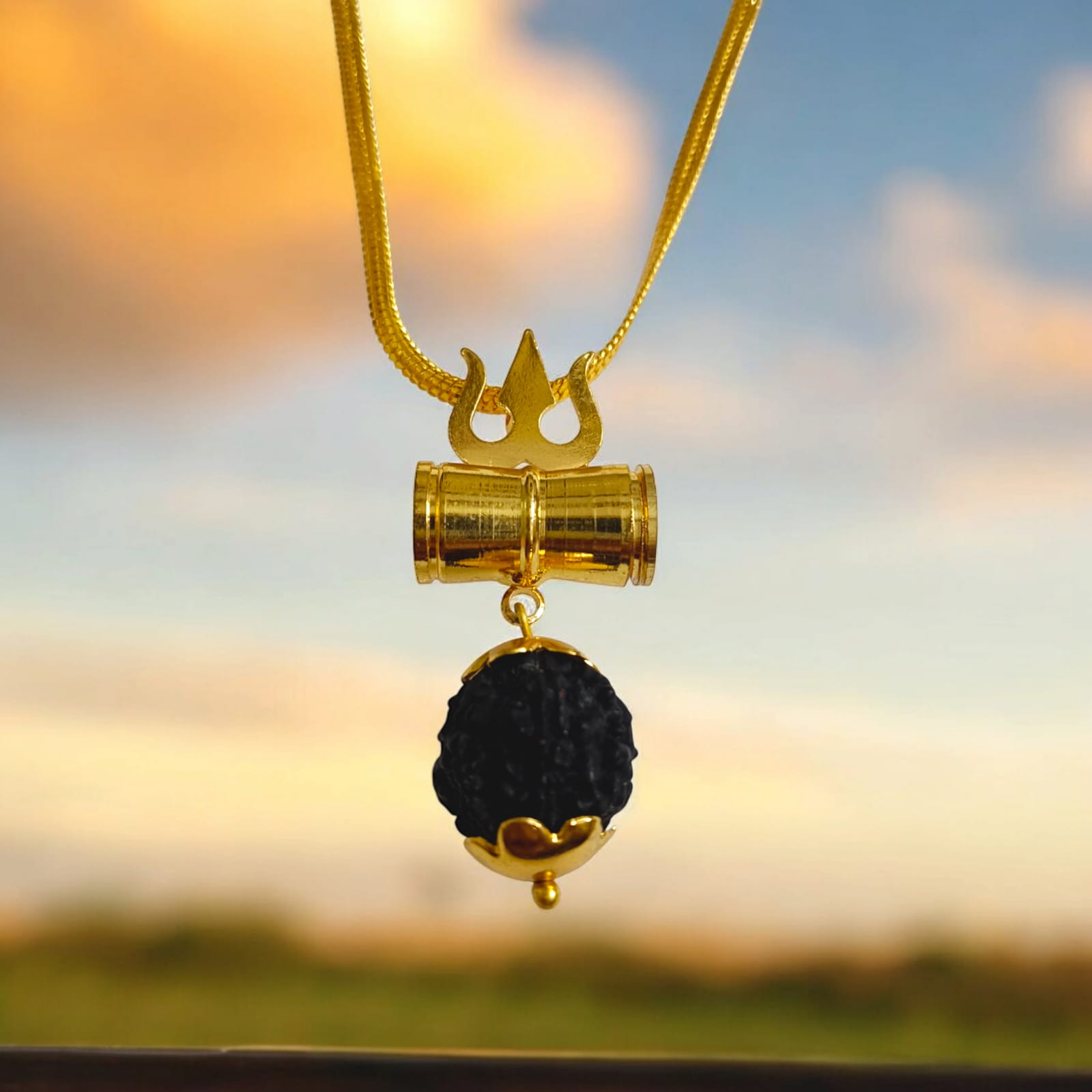 Rudraksha Locket with Brass Damru and Trishul and Free Gold Plated Chain by Timeshopee