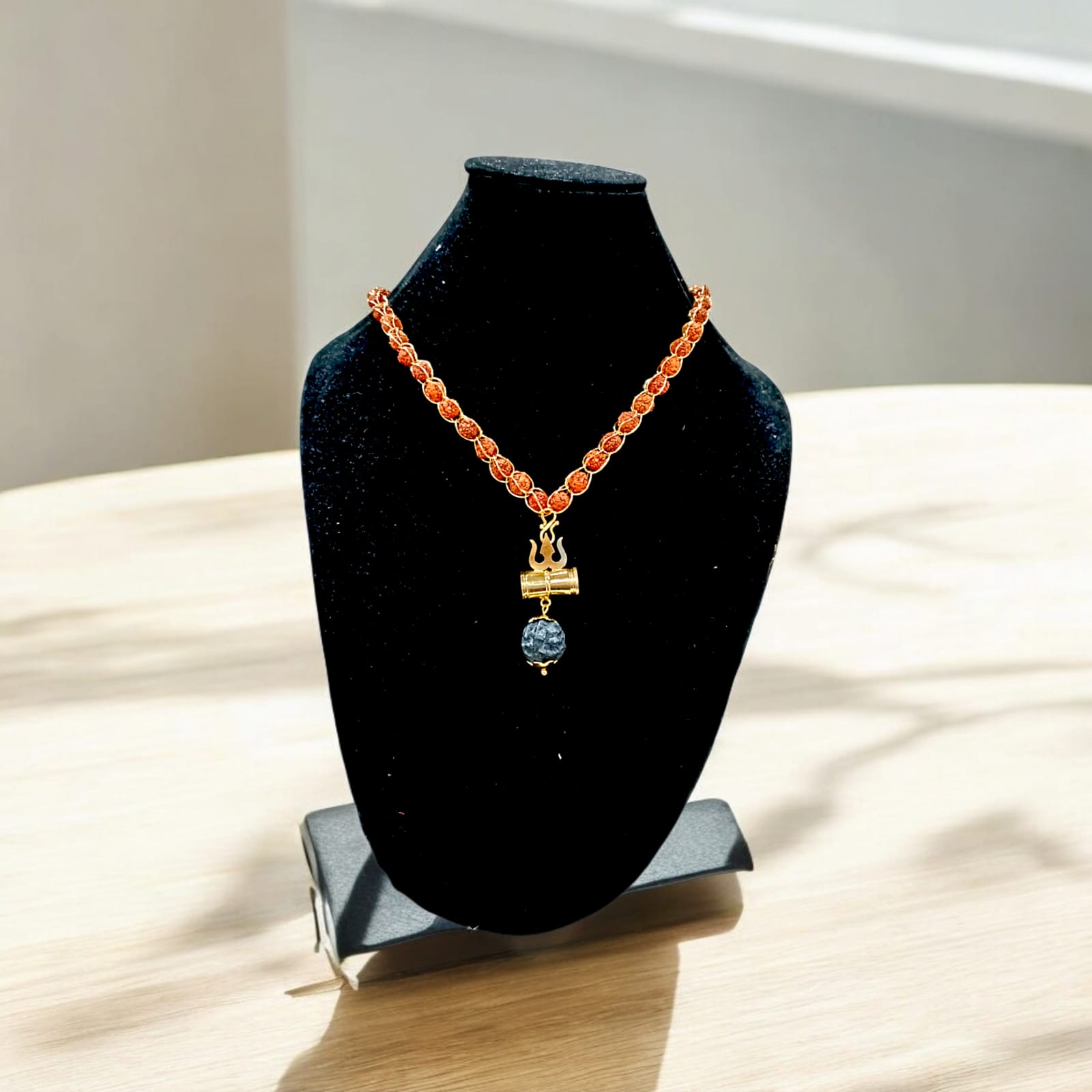 Rudraksha Mala with Gold Wired Design and Trishul Locket, Adjustable S-Type Hook, Timeshopee