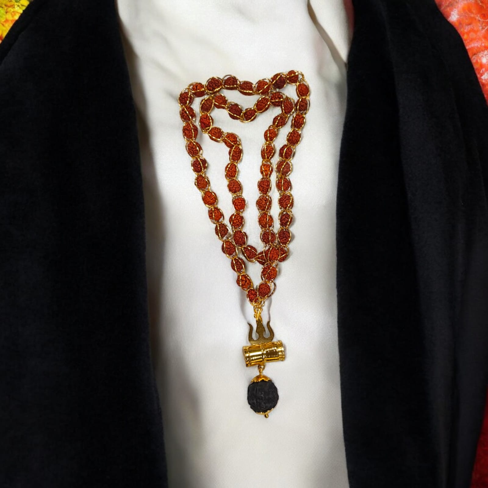 Rudraksha Mala with Gold Wired Design and Trishul Locket, Adjustable S-Type Hook, Timeshopee