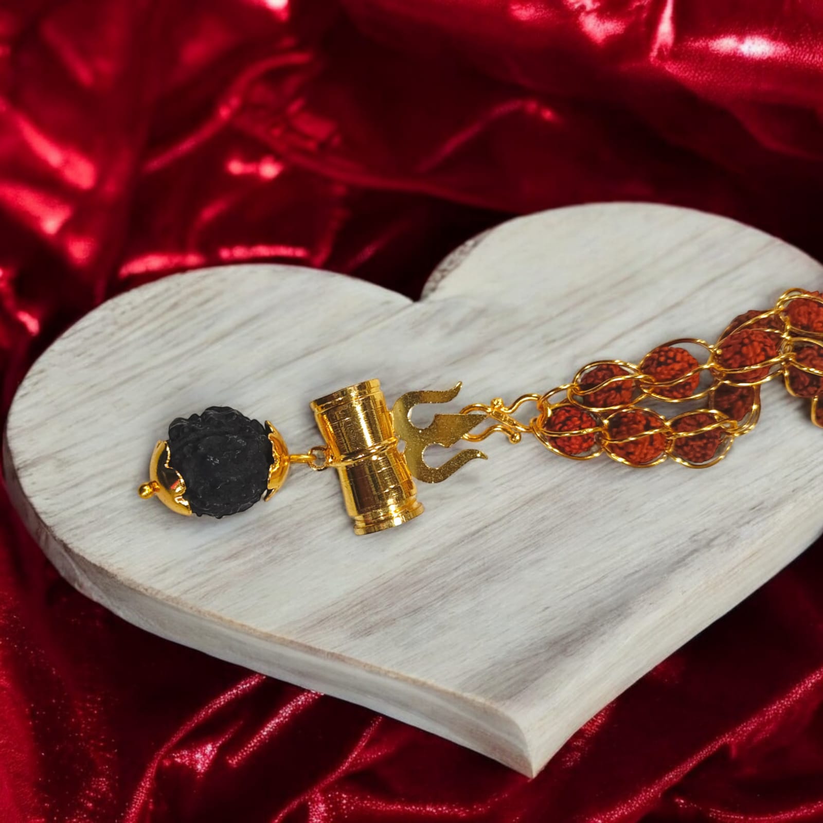Rudraksha Mala with Gold Wired Design and Trishul Locket, Adjustable S-Type Hook, Timeshopee