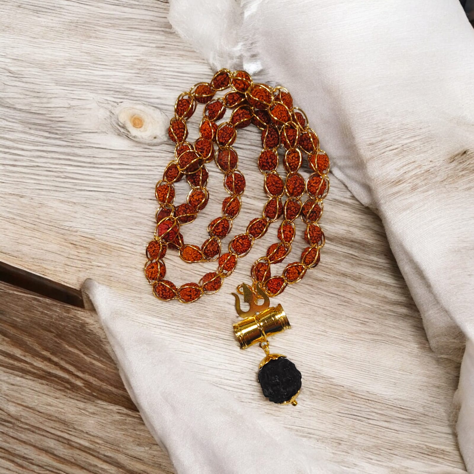 Rudraksha Mala with Gold Wired Design and Trishul Locket, Adjustable S-Type Hook, Timeshopee