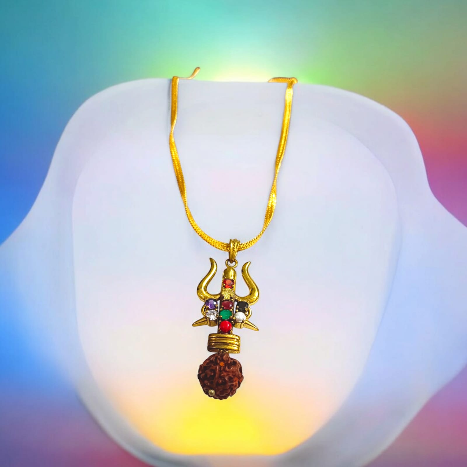 Rudraksha Trishul Locket with Gold-Finished Chain and Navratna Gemstones by Timeshopee
