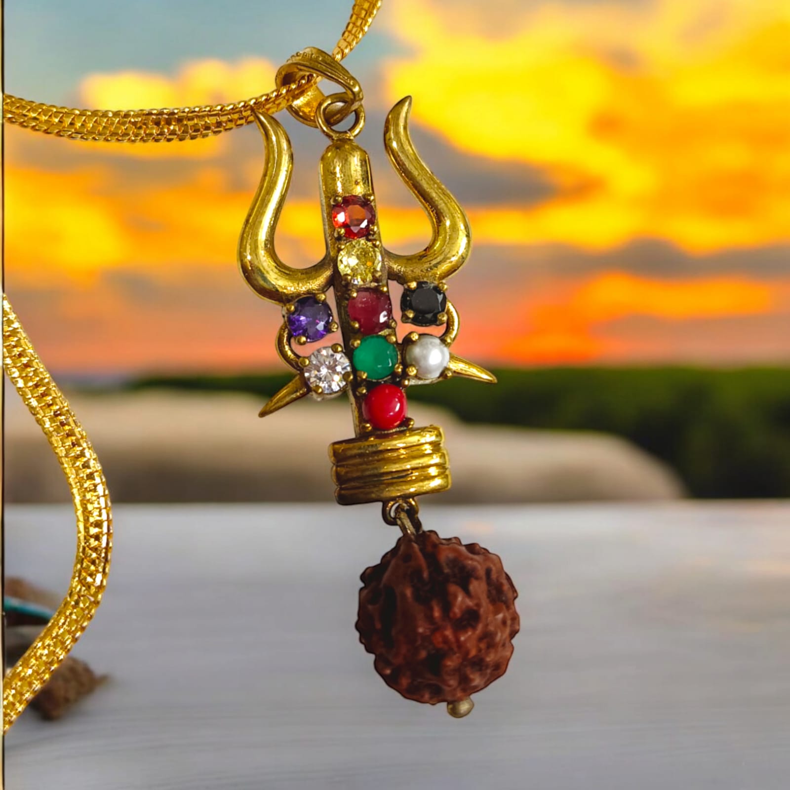 Rudraksha Trishul Locket with Gold-Finished Chain and Navratna Gemstones by Timeshopee