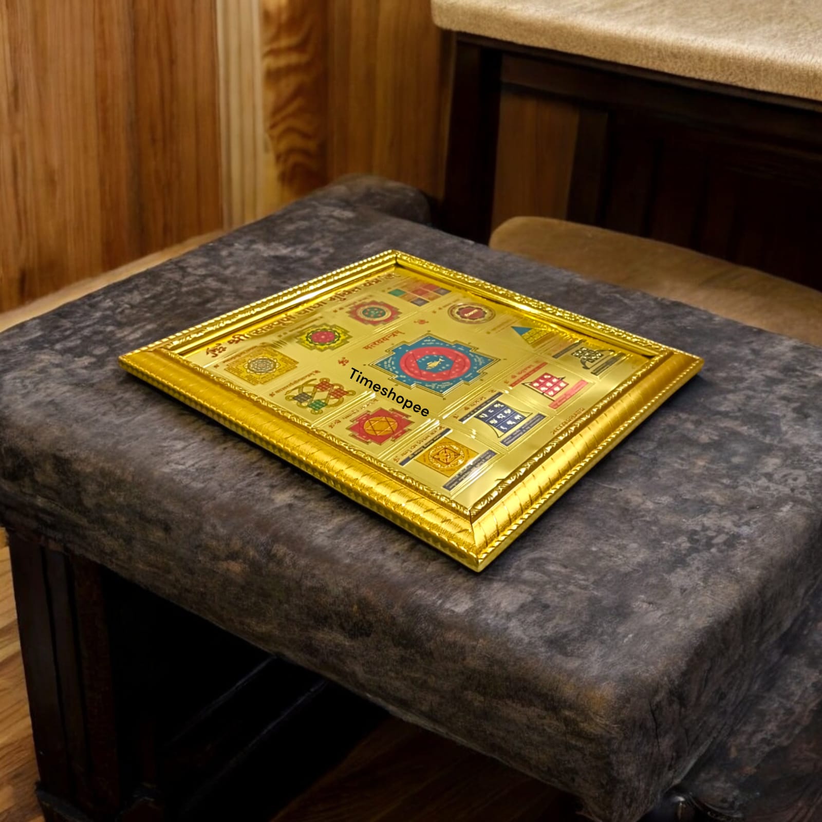 Sampoorna Badha Mukti Yantra, 24K gold-plated with wooden frame, featuring multiple powerful Yantras for holistic protection and prosperity.