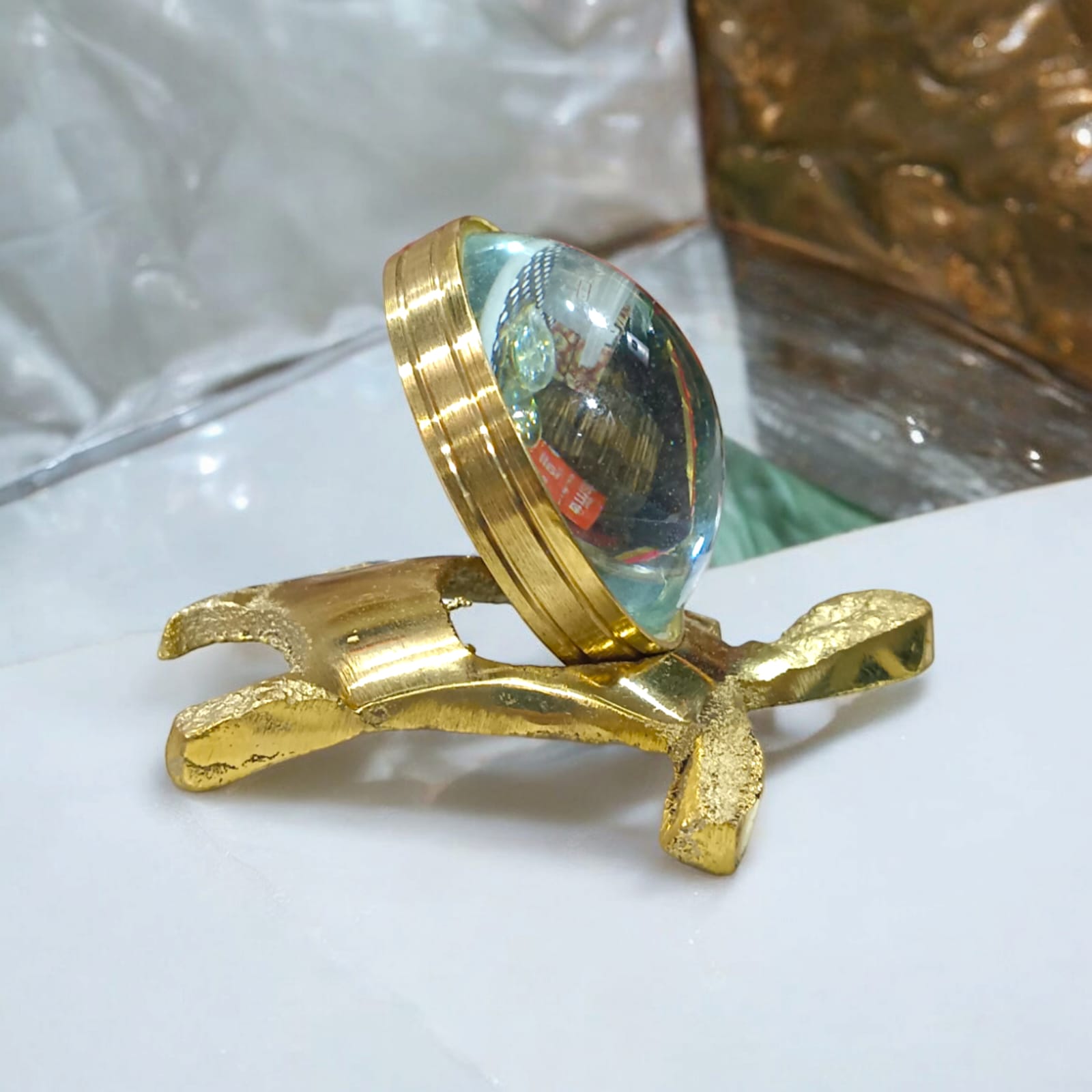 Sampoorna Shree Yantra on a magnifying tortoise base, 3-inch size, for good luck and prosperity, available from Timeshopee.