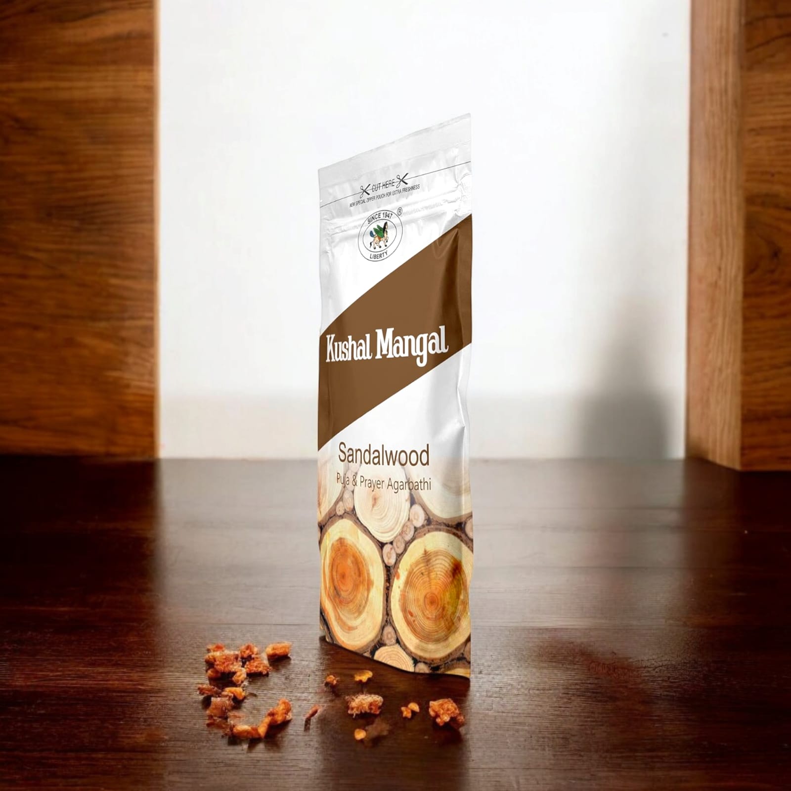 Sandalwood Incense Sticks by Kushal Mangal in a zipper pouch, 9 inches long, with a 30-40 minute burning time, available at Timeshopee.