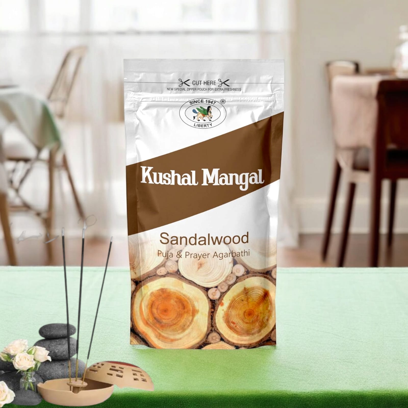 Sandalwood Incense Sticks by Kushal Mangal in a zipper pouch, 9 inches long, with a 30-40 minute burning time, available at Timeshopee.