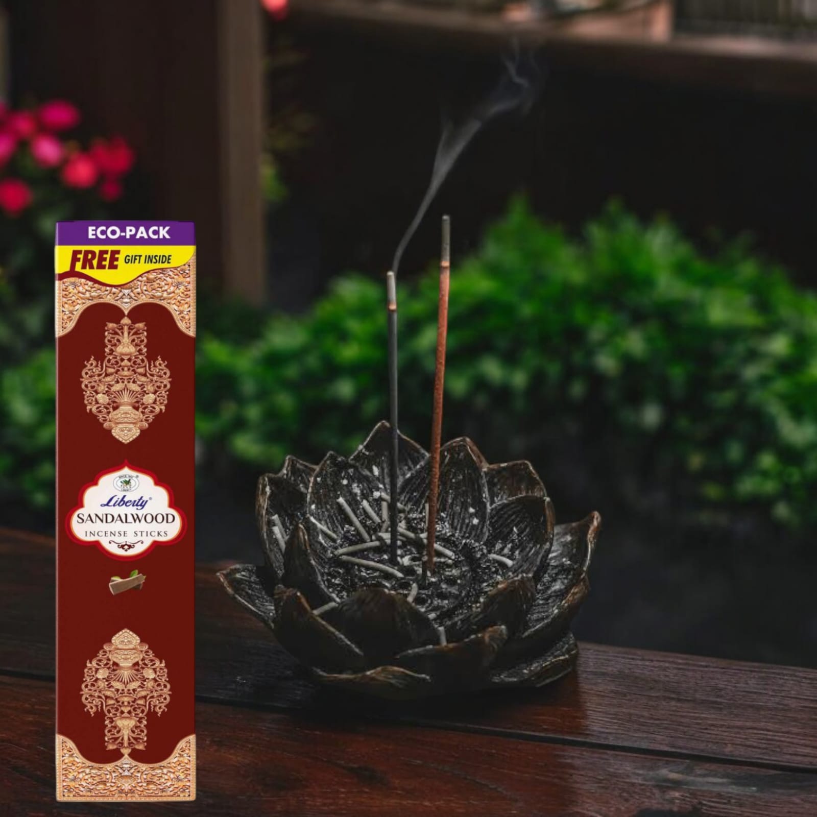 Sandalwood Incense Sticks in rectangular box with free gift inside, perfect for puja and home use.