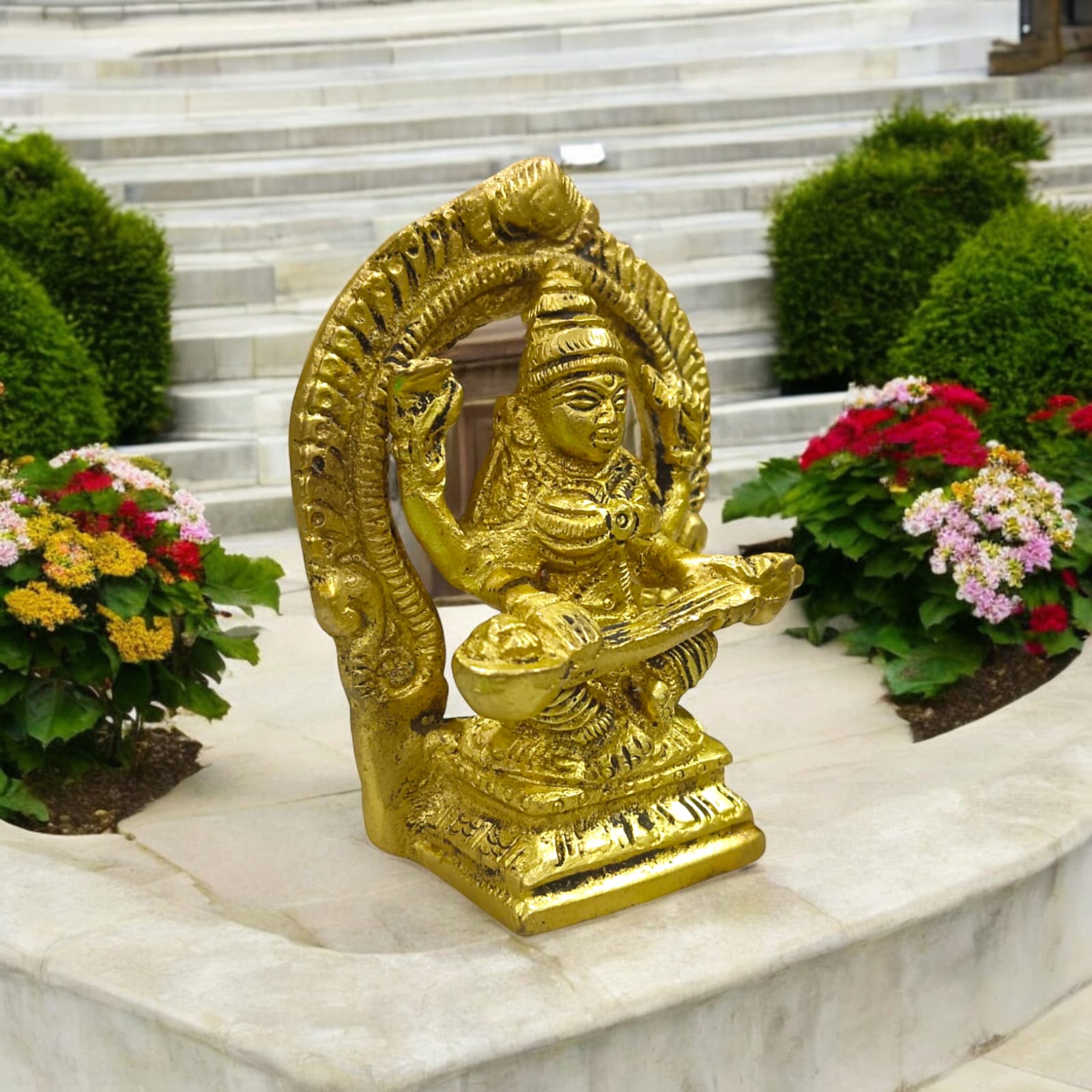 Saraswati Idol in Brass, Goddess Saraswati, 8 cm length, 6 cm width, 245 grams, elegant craftsmanship.