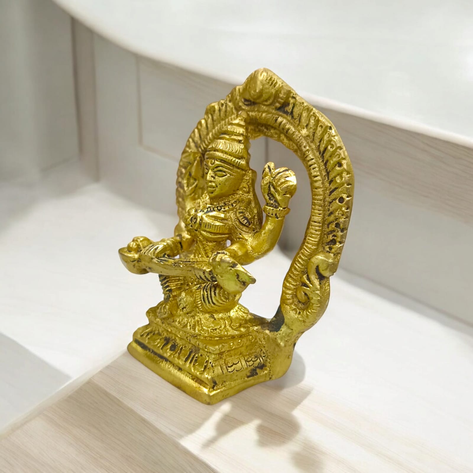 Saraswati Idol in Brass, Goddess Saraswati, 8 cm length, 6 cm width, 245 grams, elegant craftsmanship.