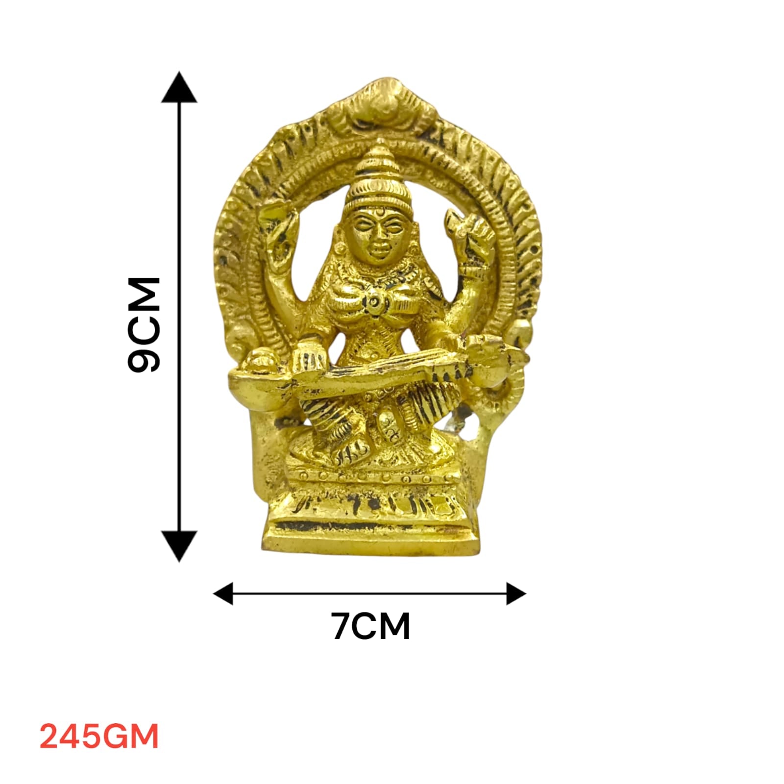 Saraswati Idol in Brass, Goddess Saraswati, 8 cm length, 6 cm width, 245 grams, elegant craftsmanship.