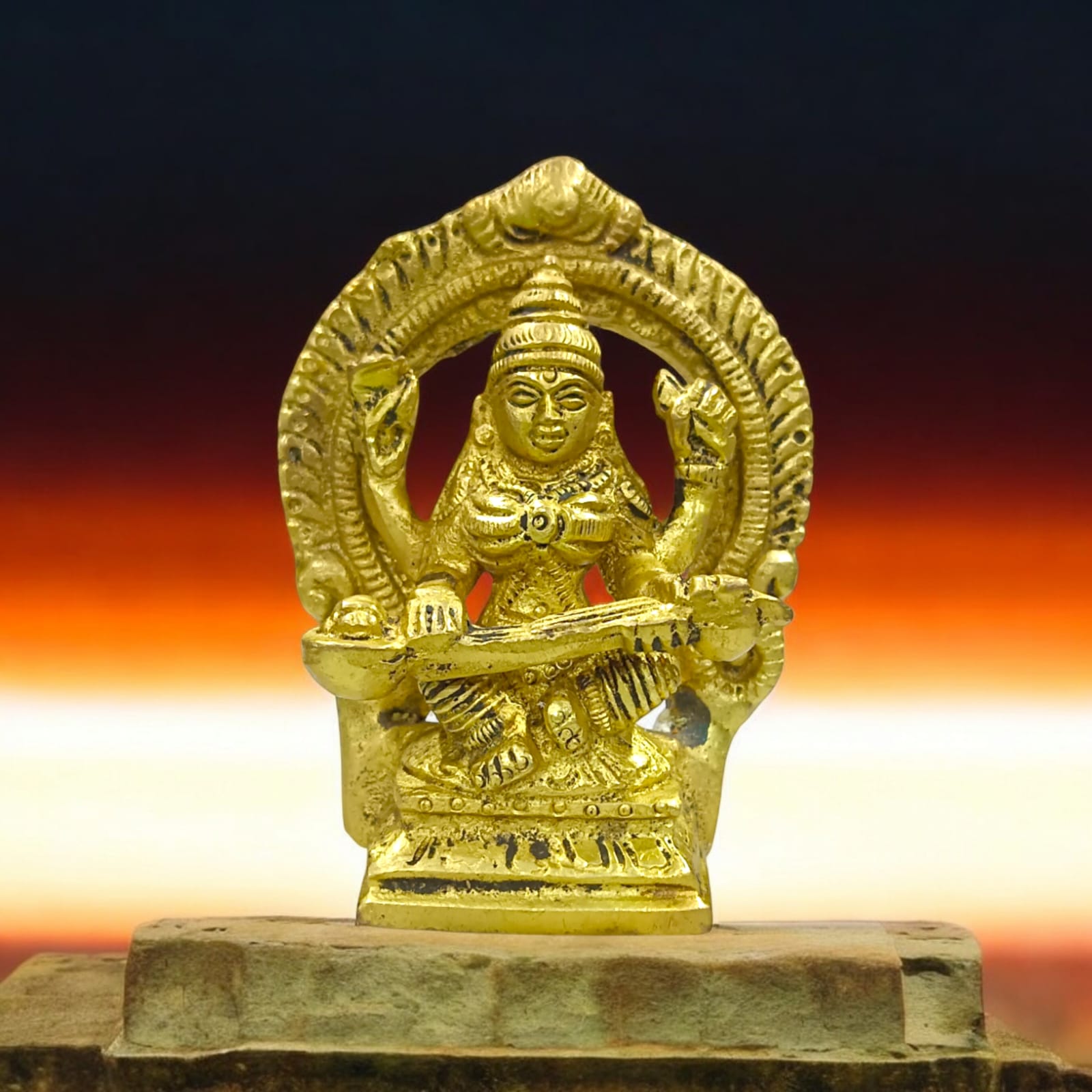 Saraswati Idol in Brass, Goddess Saraswati, 8 cm length, 6 cm width, 245 grams, elegant craftsmanship.
