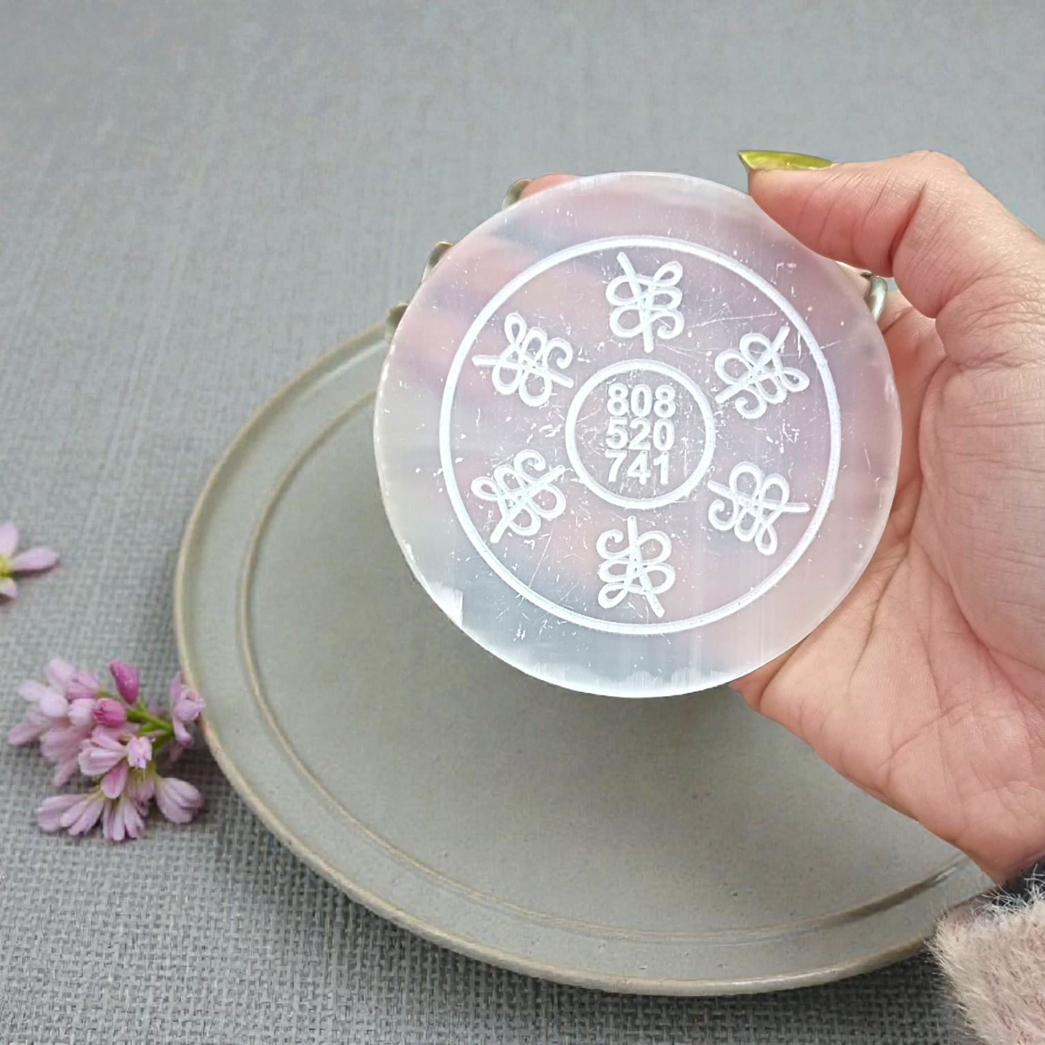 Selenite Charging Plate with engraved Reiki healing numbers for Reiki, meditation, Pooja, Vastu, and manifestation