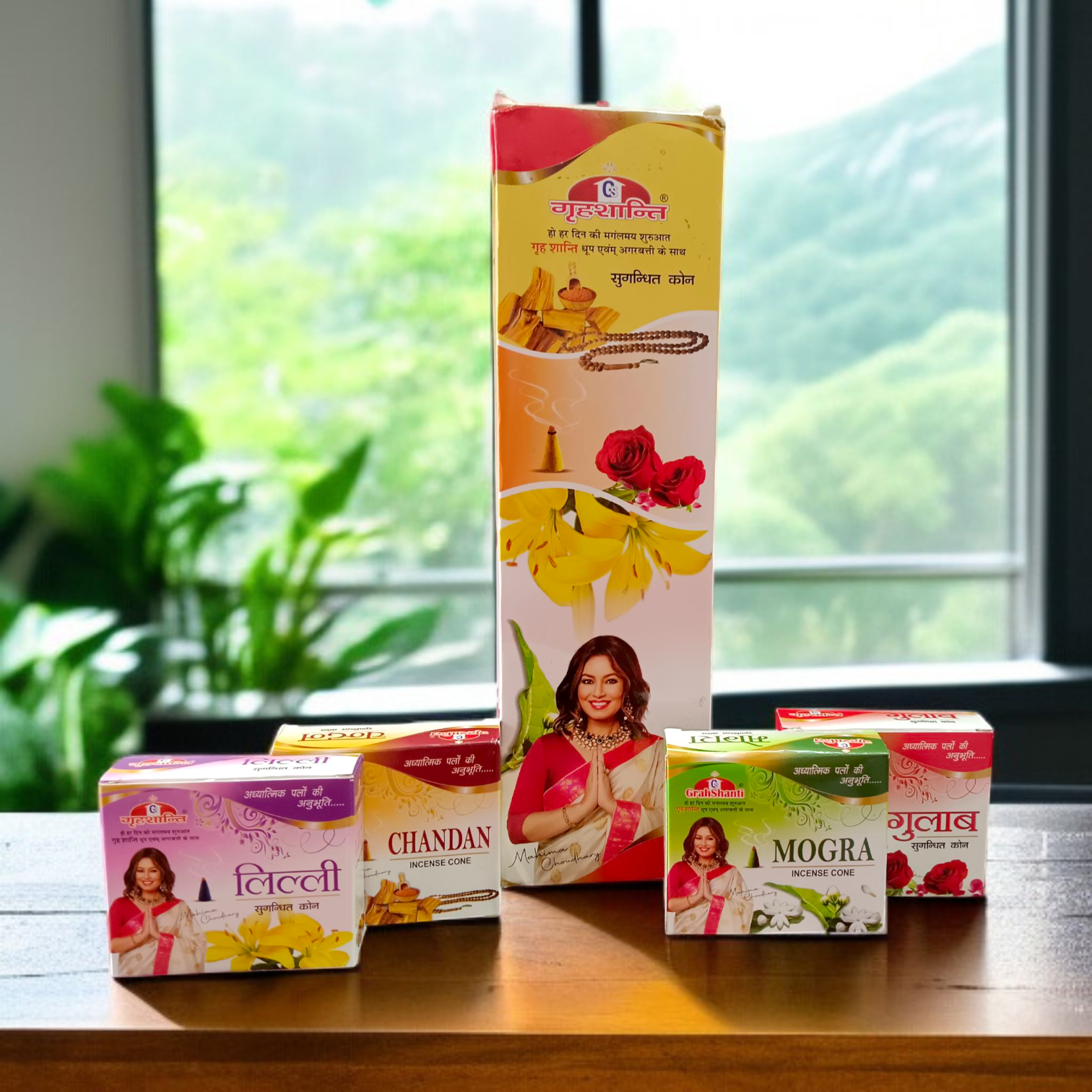 Set of 12 assorted dhoop cones including Mogra, Gulab, Lily, and Chandan variants placed aesthetically for puja and meditation use