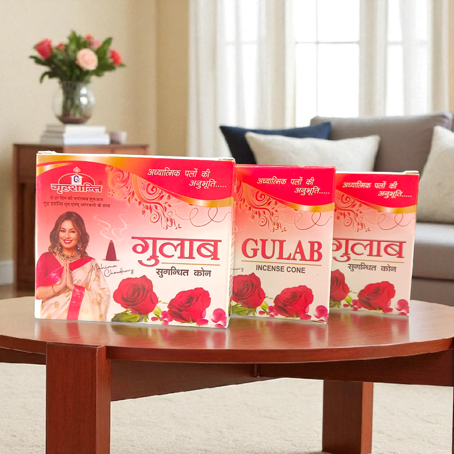 Set of 12 assorted dhoop cones including Mogra, Gulab, Lily, and Chandan variants placed aesthetically for puja and meditation use