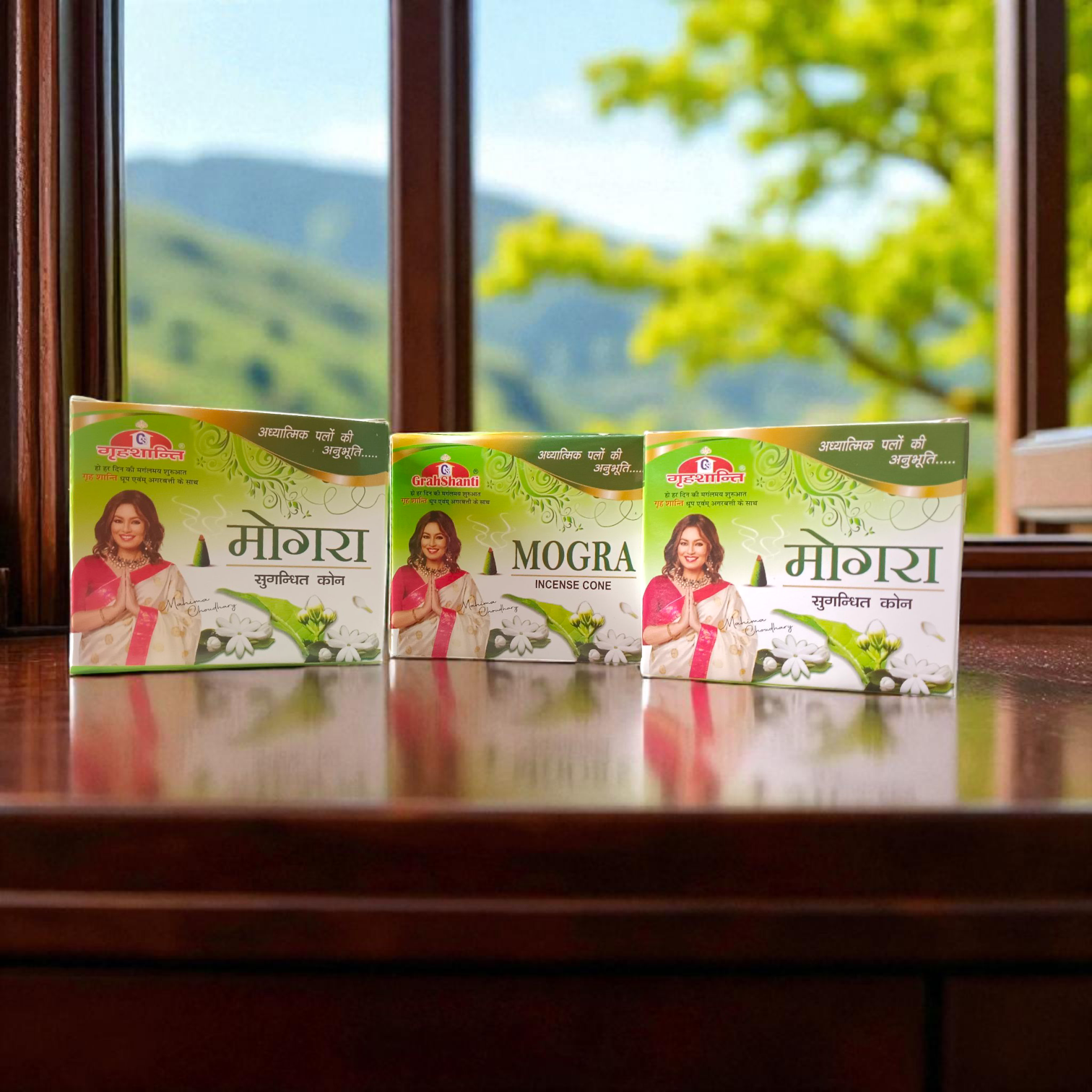 Set of 12 assorted dhoop cones including Mogra, Gulab, Lily, and Chandan variants placed aesthetically for puja and meditation use