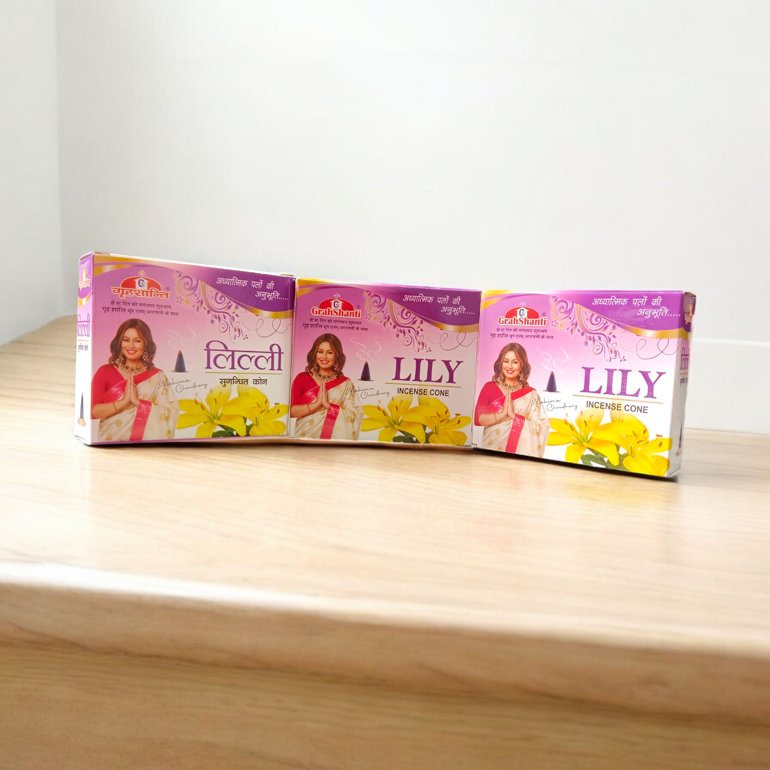 Set of 12 assorted dhoop cones including Mogra, Gulab, Lily, and Chandan variants placed aesthetically for puja and meditation use