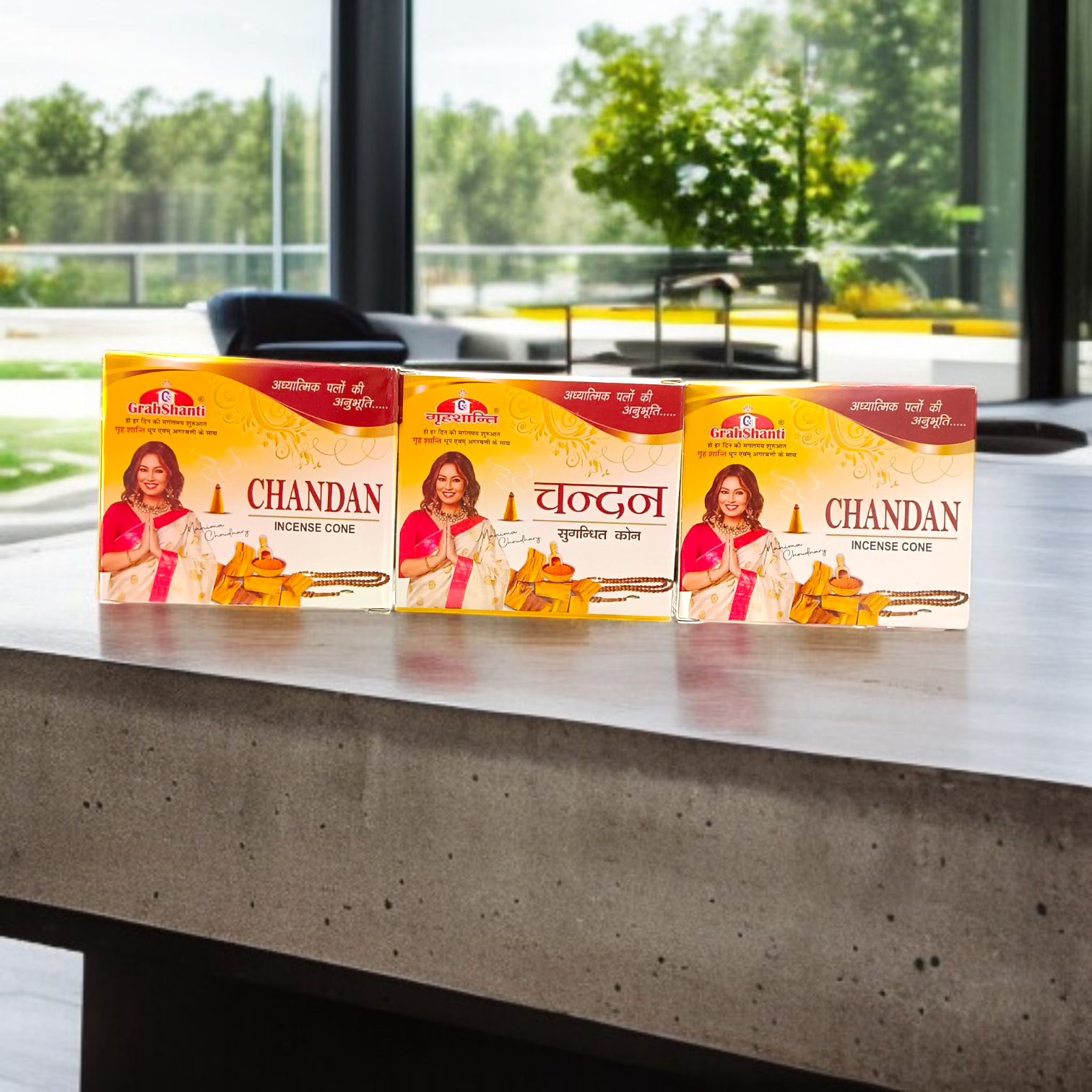 Set of 12 assorted dhoop cones including Mogra, Gulab, Lily, and Chandan variants placed aesthetically for puja and meditation use