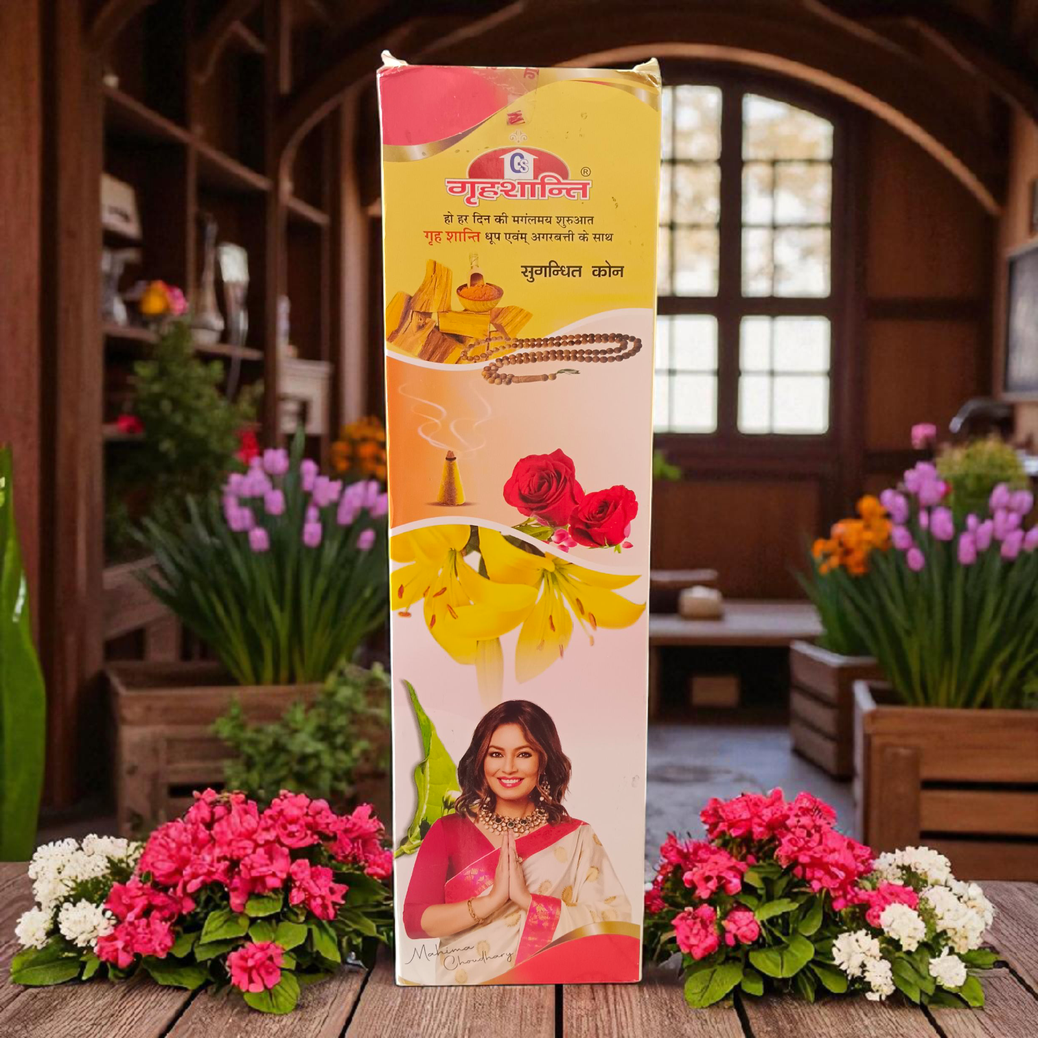 Set of 12 assorted dhoop cones including Mogra, Gulab, Lily, and Chandan variants placed aesthetically for puja and meditation use