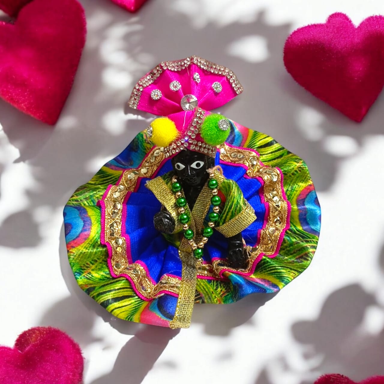 Set of 3 colorful pagdis for Laddu Gopal Size 1 No., featuring three styles in vibrant colors Red, Pink, Blue, Orange, Yellow, and Neon Green.