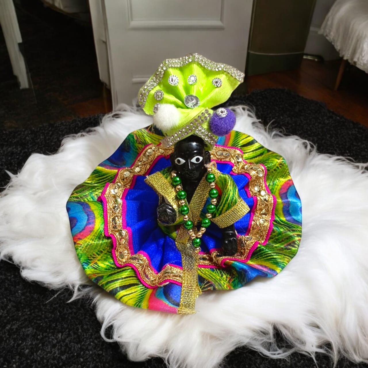 Set of 3 colorful pagdis for Laddu Gopal Size 1 No., featuring three styles in vibrant colors Red, Pink, Blue, Orange, Yellow, and Neon Green.