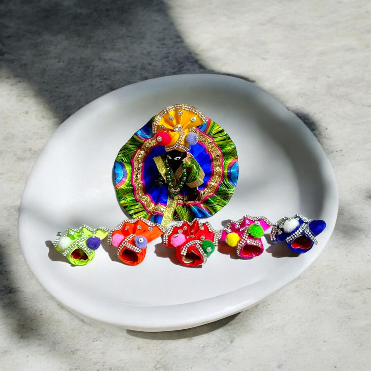 Set of 3 colorful pagdis for Laddu Gopal Size 1 No., featuring three styles in vibrant colors Red, Pink, Blue, Orange, Yellow, and Neon Green.