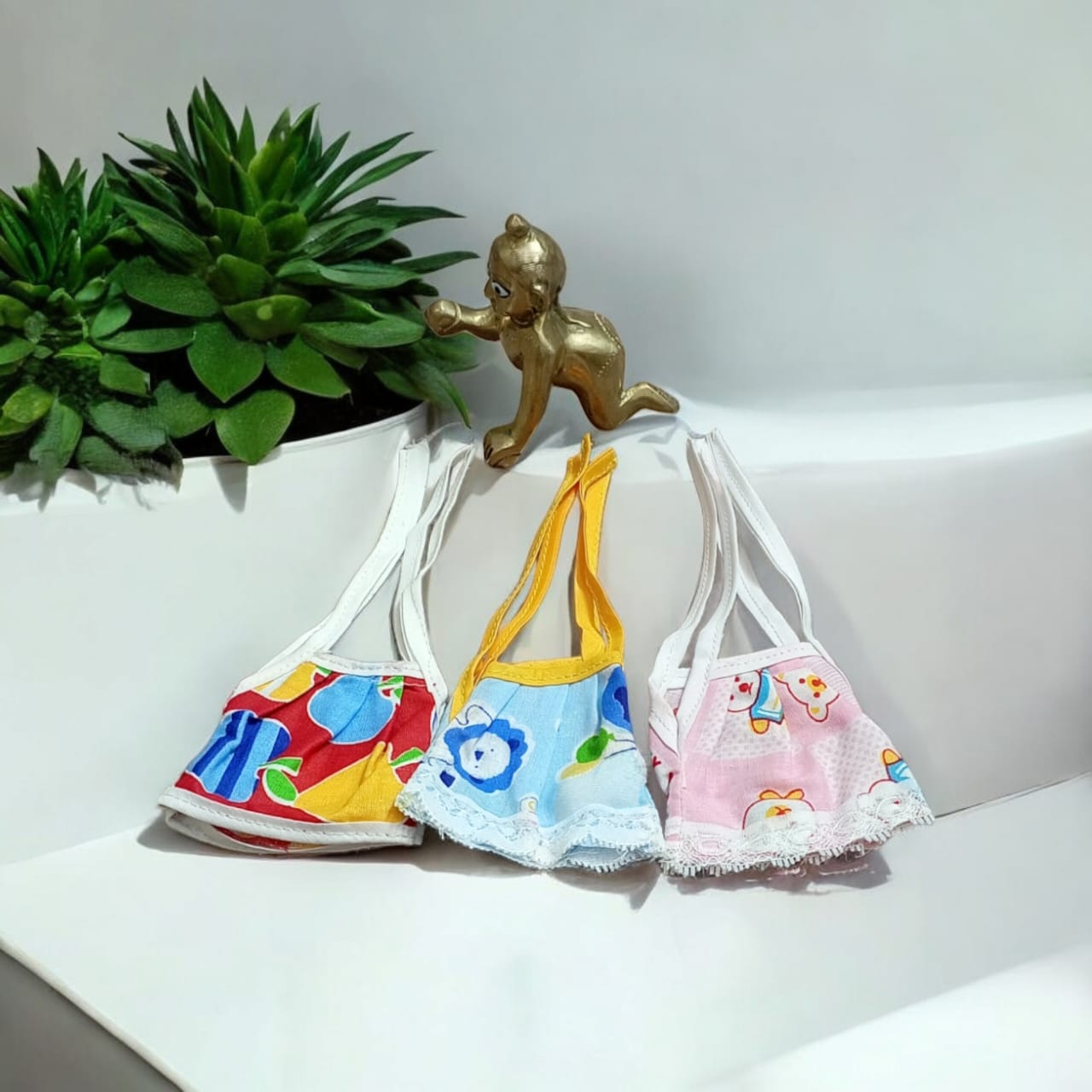 Set of 3 multi-color jhabla summer dresses for Laddu Gopal 0-1 No., comfortable night dress for Bal Gopal idols.