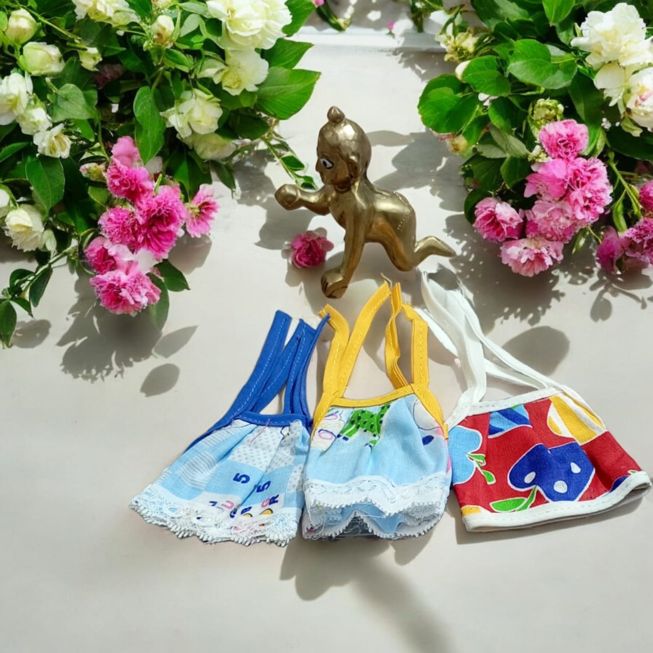 Set of 3 multi-color jhabla summer dresses for Laddu Gopal 0-1 No., comfortable night dress for Bal Gopal idols.