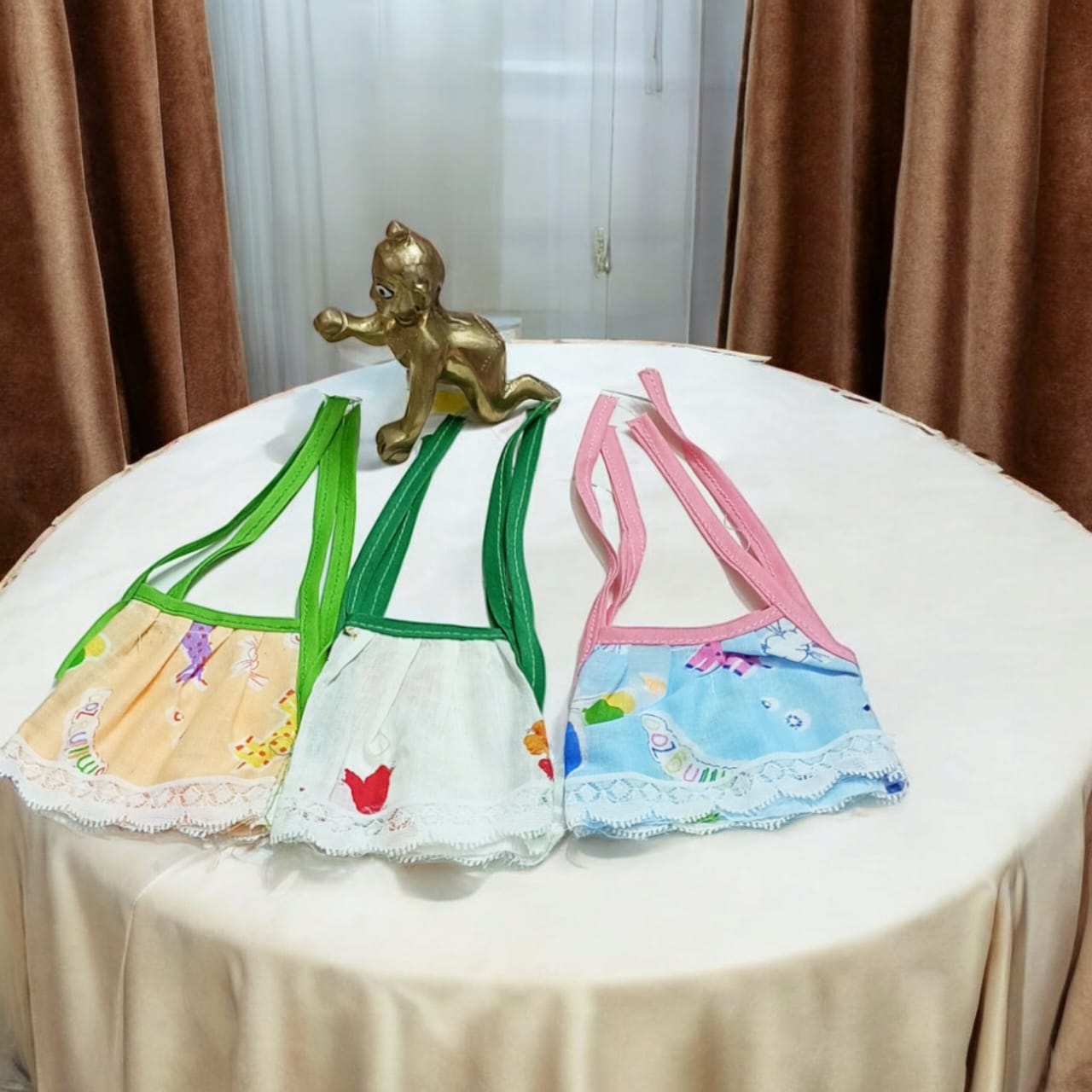 Set of 3 multi-color jhabla summer dresses for Laddu Gopal 2-3 No., comfortable night dress for Bal Gopal idols.