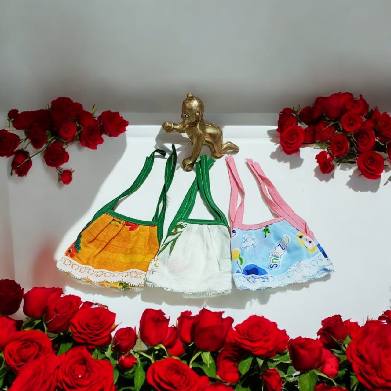 Set of 3 multi-color jhabla summer dresses for Laddu Gopal 2-3 No., comfortable night dress for Bal Gopal idols.