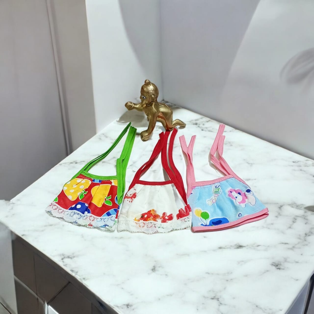 Set of 3 multi-color jhabla summer dresses for Laddu Gopal 2-3 No., comfortable night dress for Bal Gopal idols.