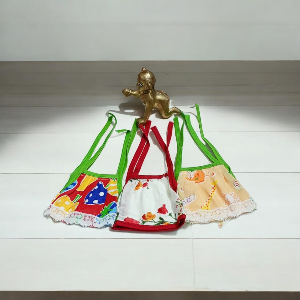 Set of 3 multi-color jhabla summer dresses for Laddu Gopal 2-3 No., comfortable night dress for Bal Gopal idols.