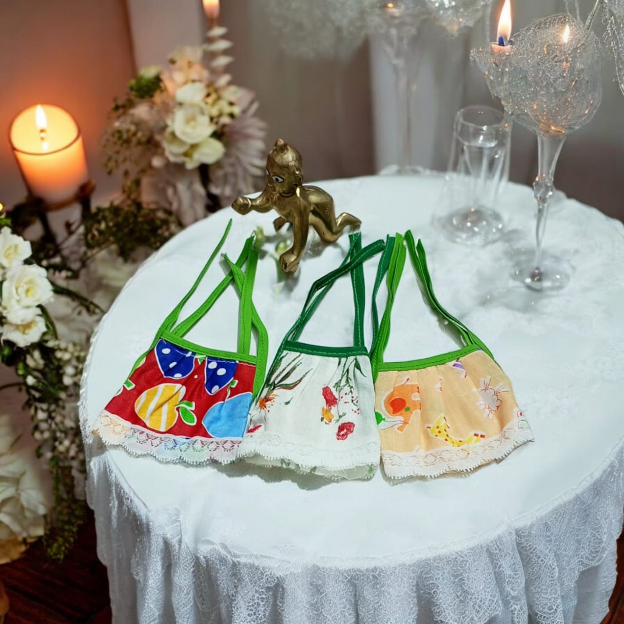 Set of 3 multi-color jhabla summer dresses for Laddu Gopal 2-3 No., comfortable night dress for Bal Gopal idols.